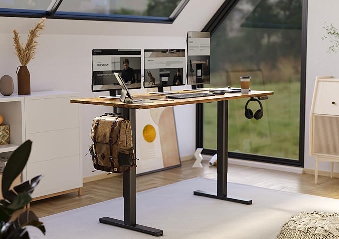 Claiks Electric Standing Desk, Adjustable Height Stand up Desk, 55x24 Inches Sit Stand Home Office Desk with Splice Board, Black Frame/Rustic Brown Top