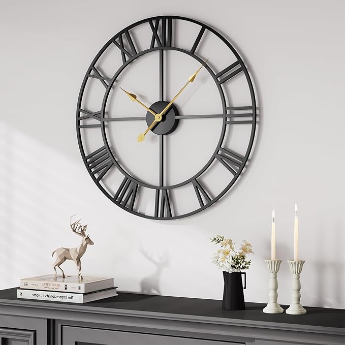 Large Wall Clock Battery Operated, 20 Inch Black Metal Round Wall Clocks Modern Silent Non-Ticking Decorative Clocks for Living Room Bedroom - Roman Numerals