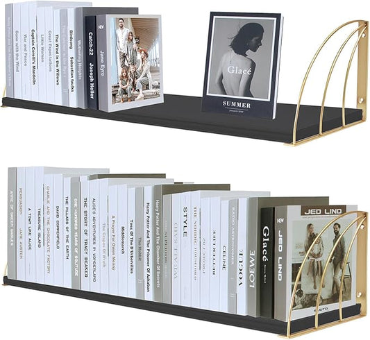 Wall Bookshelf Black Gold Floating Shelves Pine Wood Large 31.5×7.87 Inch Floating Bookshelf with Elegant Lines,Book Shelf for Wall,Black and Gold Shelves Set of 2.