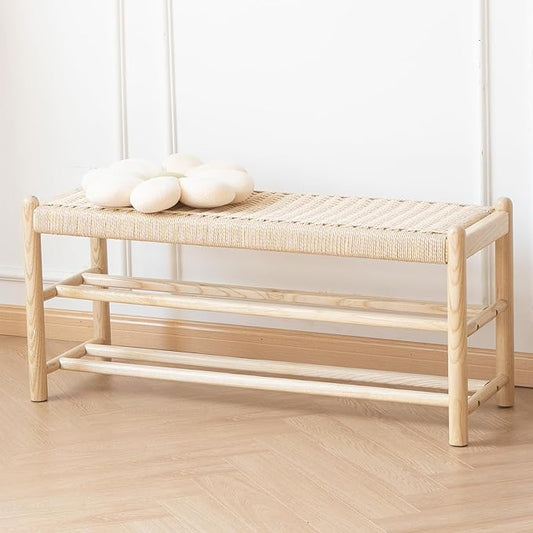 Solid Wood Entryway Bench with Shoe Storage, Rustic Oak Wood and Woven Design 39.4 Inch Long Seating for Living and Dining Rooms, 3-Tier Nature
