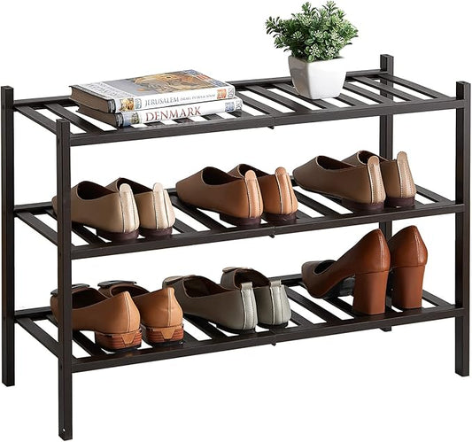 Shoe Rack, 3-Tier Bamboo Stackable Shoe Shelf Storage Organizer, Shoe Stand for Closet, Entryway and Hallway