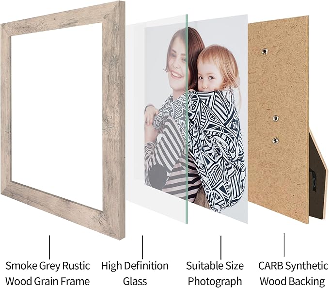 8x10 Picture Frame Set of 4, Smoke Gray Frame with High Definition Real Glass, 8 x 10 Photo Frame for Tabletop Display and Wall Mounting