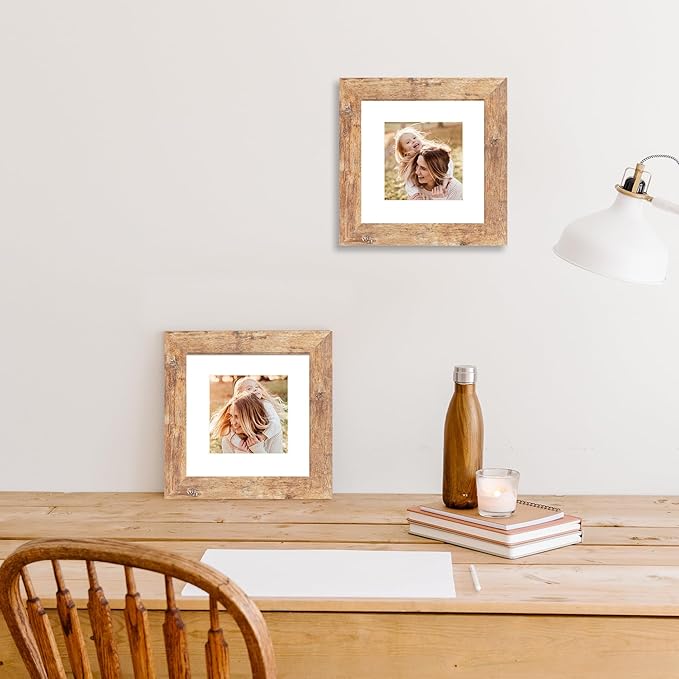 6x6 Picture Frame Set of 4 with Real Glass, Rustic Brown Frames Display 4x4 Picture with Mat or 6 x 6 Without Mat, Square Photo Frame for Wall Mount and Tabletop Display