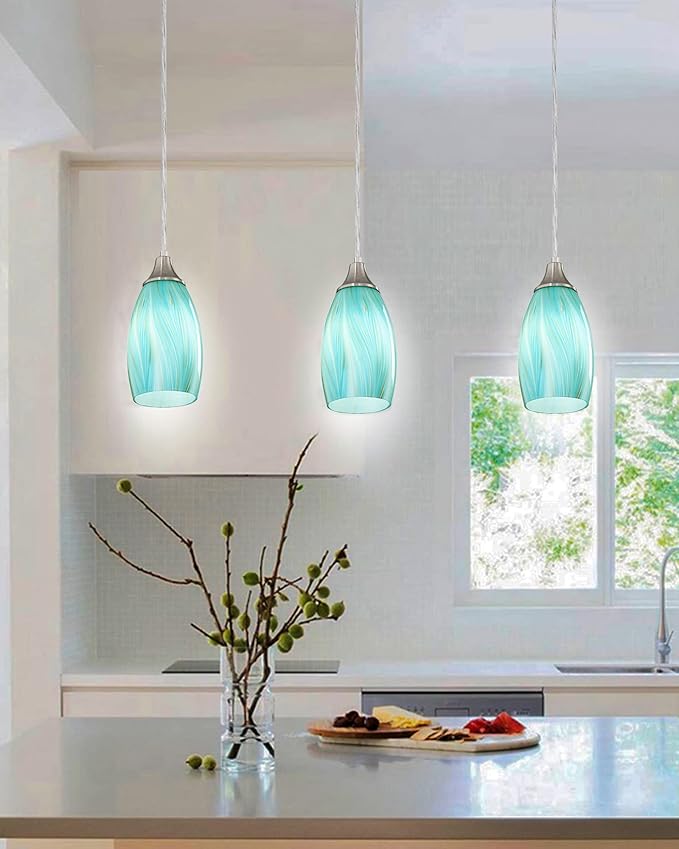 Mini Art Glass Pendant Lights Kitchen Island,Handcrafted Teal with Gold Glass Ceiling Pendant Lighting Brushed Nickel Adjustable Cord Hanging Lamp Cover for Coffe Bar,Dining Room 3pack