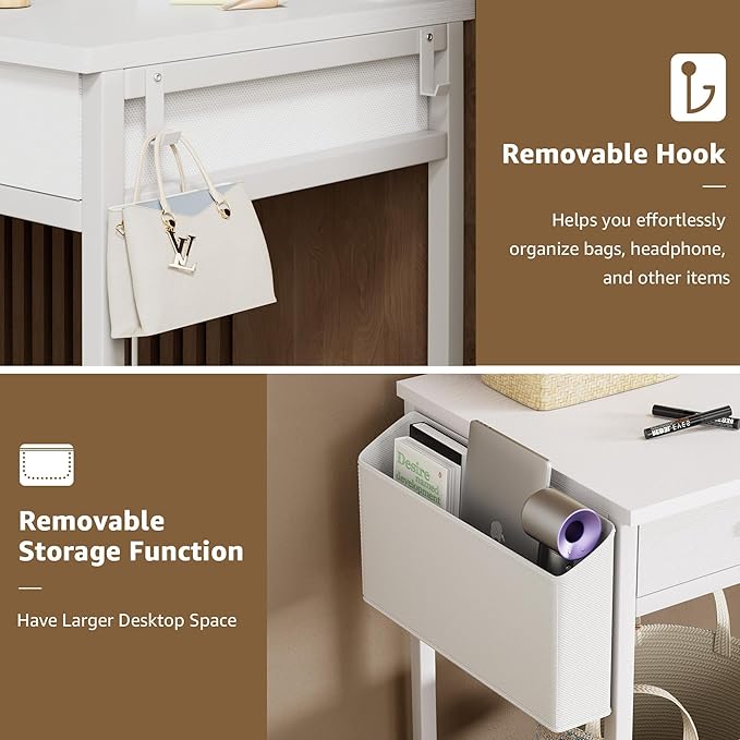 Girls Vanity Desk with Mirror and Lights Small Makeup Vanitys Set with Chair Fabric Drawers Power Outlet, Dressing Table Vanities for Kids Bedroom 40“ White