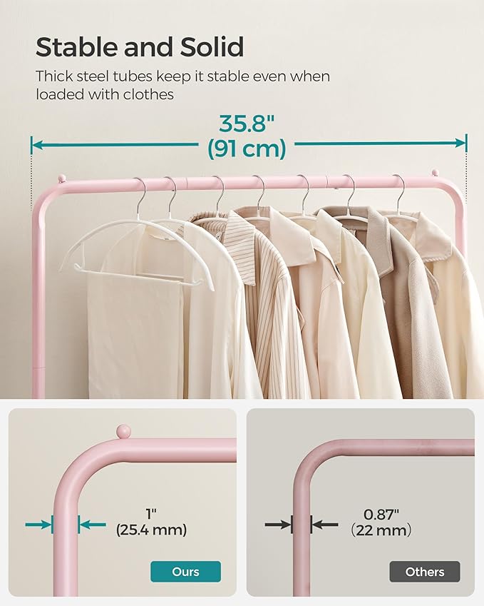 SONGMICS Clothes Rack with Wheels, Clothing Rack for Hanging Clothes, 25.4mm Metal Garment Rack with Dense Mesh Storage Shelf, 110 lb Load Capacity, 2 Brakes, Pink UHSR025P01