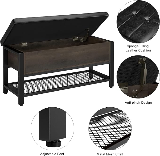 HOSTACK Storage Bench, Entryway Shoe Bench with Flip-Open Storage Box, End of Bed Ottoman Bench with Storage Shelf and Padded Seat for Bedroom, Hallway, Dark Brown