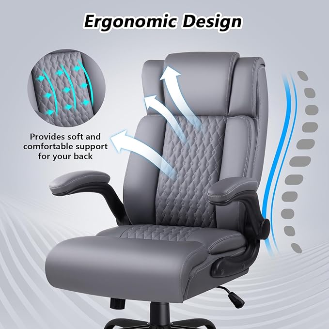 Leather Office Chair Desk Chair, Comfortable Office Desk Chair Computer Chair with Adjustable Flip-up Armrest, Ergonomic Executive High Back Tall Chairs with Smooth Wheels, Grey