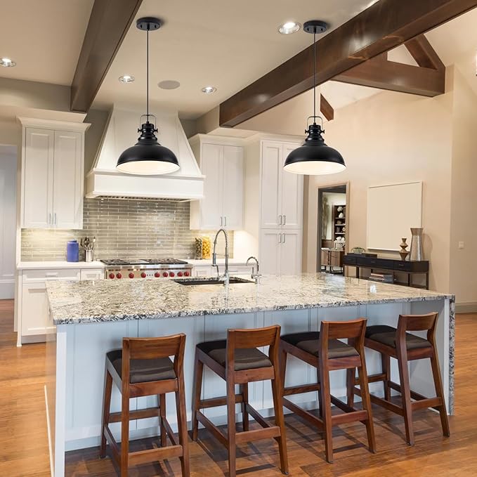 Industrial Pendant Light Fixture, Farmhouse Decor Adjustable Metal Hanging Lamp, Vintage Pendant Lighting for Kitchen Restaurant Dining Room Cafe, E26 Base Black (Black, 1 Pack)