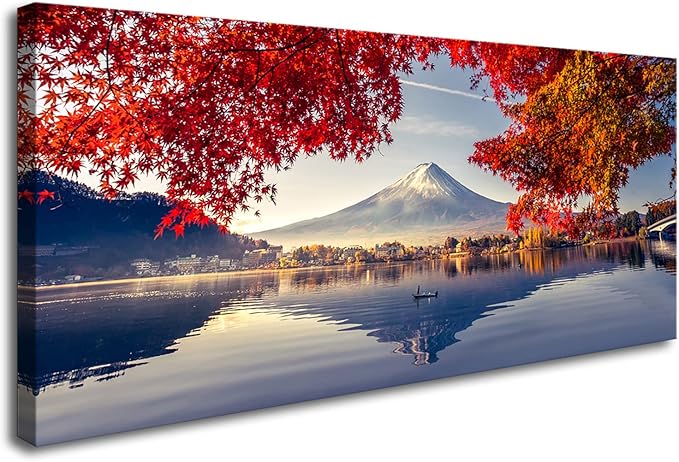 YYYYHPP YP1662 Canvas Prints Mountain Fuji with morning fog and red leaves at lake Kawaguchiko Nature Picture Wall Art Framed Artwork for Living Room Bedroom Kitchen Home and Office Wall Decor