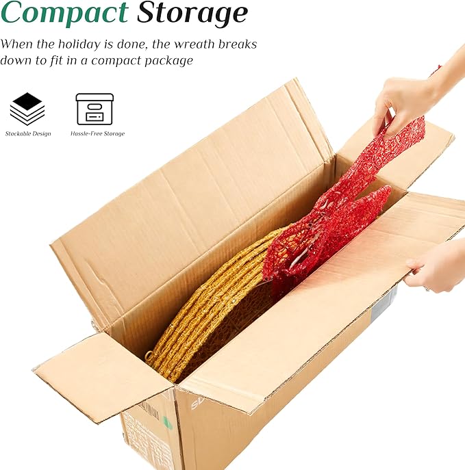 Sweetcrispy Pre-Lit Christmas Wreath, LED Lighted Holiday Outdoor Decoration with Bow for Door, Mantel, Wall, Windows, Front Door Decor, 47.5in Gold Wreath - Red Bow