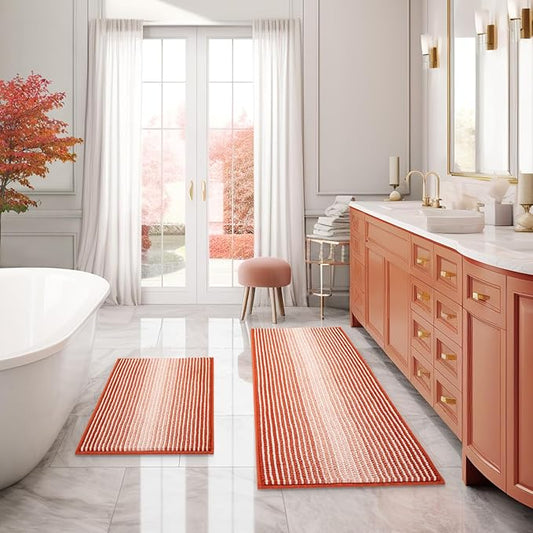 Bathroom Rugs and Mats Sets, 2 Piece Thick Absorbent Chenille Bath Mat Rug Set Non Slip, Soft Shaggy Bath Room Floor Mats for Bathroom, Machine Washable (Sunset Orange, 20" x 47" Plus 16" x 24")