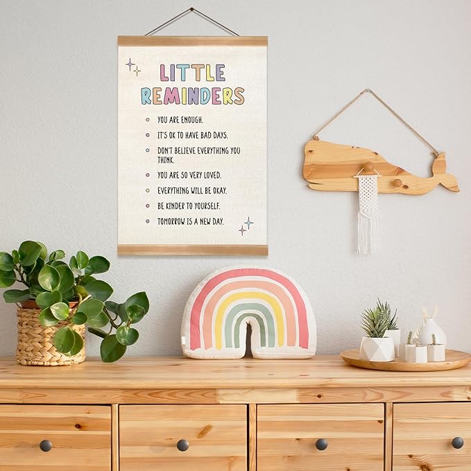 ZTGDA Little Reminders Mental Health Wall Art – Positive Affirmations Poster with Wooden Hanger, Motivational Canvas Sign for Kids Room, Therapy Office, or Classroom Decor, 12x16 Inches (Reminders)