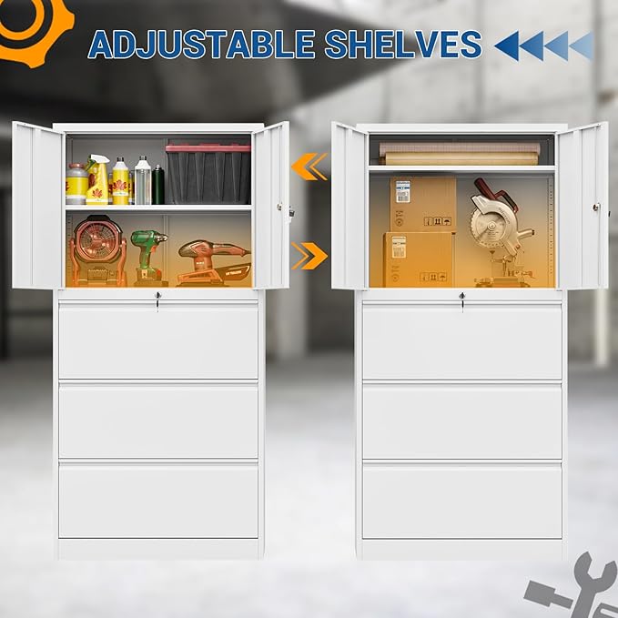 3 Drawers Metal Lateral File Cabinet with Lockable Drawer and Dorrs - White Large Steel Filing Cabinet for Home Office Hanging Files Letter/Legal/F4/A4 Size