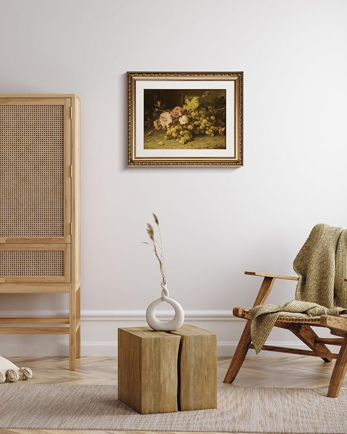 VIYYIEA Gold Framed Wall Art Canvas Print Home Decor Fruit Vintage Oil Painting Prints Modern Flowers Grapes Pictures Decor Still Life Wall Decor Artworks for Kitchen Farmhouse Office Bathroom 13x16in