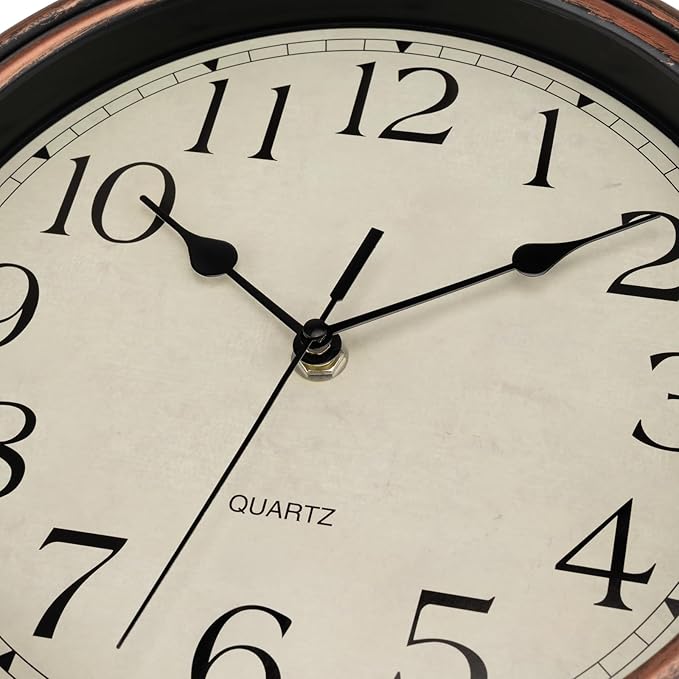 Foxtop Vintage Copper Wall Clock 12 Inch Silent Non Ticking Battery Operated Quartz Round Retro Wall Clock Decorative for Kitchen Bedroom Living Room Office Classroom