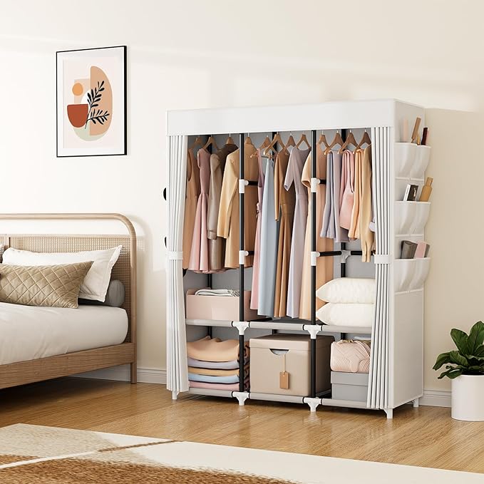 VTRIN Portable Closet Wardrobe for Hanging Clothes Closet with Cover, 3 Hanging rods, 6 Storage Shelves and Side Pocket, Diameter 19mm Metal Pipe, Sturdy Free Standing Closet for Bedroom, White