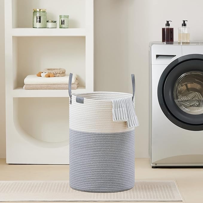 VIPOSCO Tall Laundry Basket, Large Dirty Clothes Hamper with Leather Handle, Woven Rope Storage Basket for Blanket, Toy In Living Room, Bathroom, Bedroom - 72L Grey & White