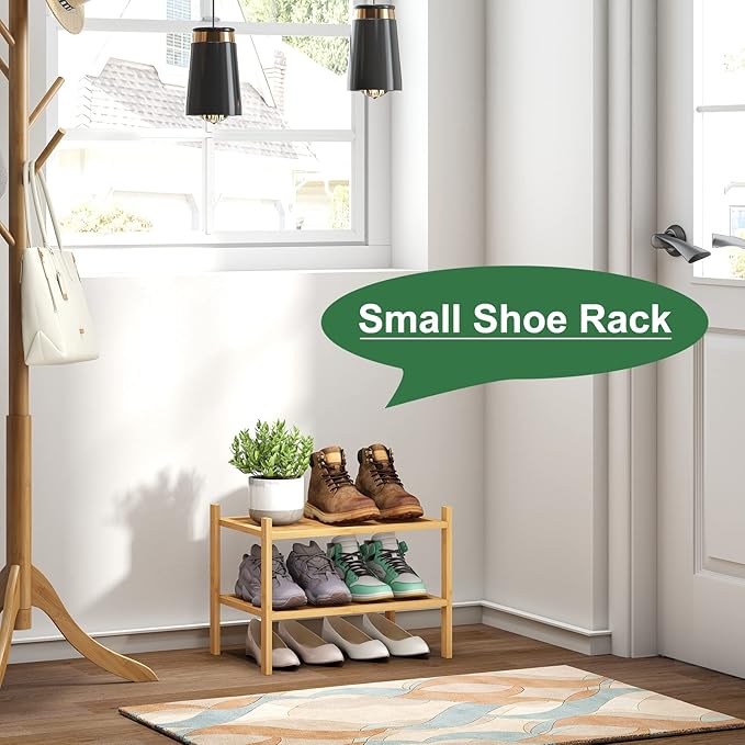 Small Shoe Rack, 2-Tier Bamboo Wood Shoe Rack for Entryway, Stackable Shoe Organizer for Hallway Closet, Free Standing Shoe Racks for Indoor & Outdoor