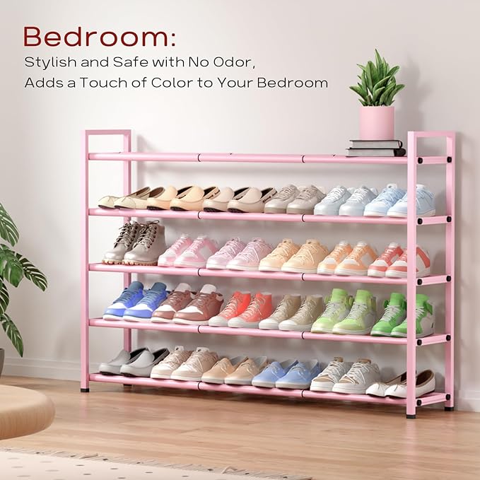 Bumusty 5-Tier Long Expandable Shoe Rack for Closet, 18"-44" Adjustable Shoe Rack for Entryway, 25-30 Pairs Large Shoe Organizer Shelf Storage, Sturdy Metal, Pink