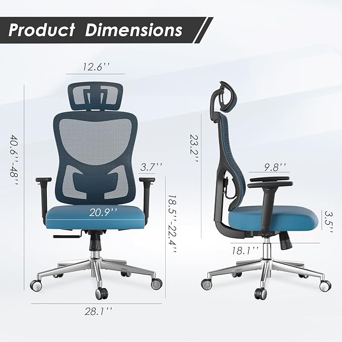 Soohow Ergonomic Office Chair,Mesh Desk Chair with Adjustable Lumbar Support and Headrest,Comfy Computer Chair with 3D Armrest Recling Swivel Chair for Home, Office, Study Room, Black & Navy