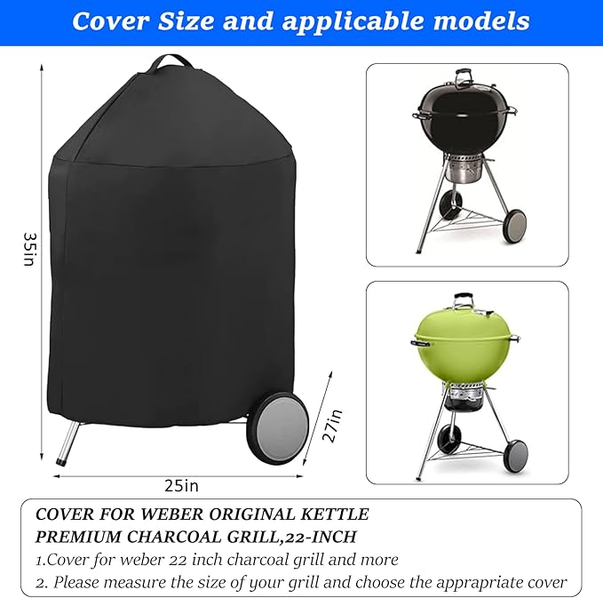 Round BBQ Grill Cover for 22 Inch Charcoal Grills Waterproof, Fade Resistant, UV Resistant Kettle BBQ Grill Cover with Hook & Loop Strap, Dome Smoker Cover, Black (22in)