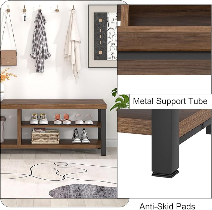 FOLUBAN Entryway Bench, Modern Wood Shoe Bench for Living Room Hallway, Industrial Indoor Shoe Storage Bench Seat, Rustic Walnut, 47 Inch