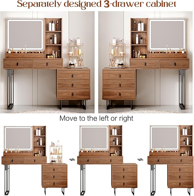Large Vanity Desk with 3 Color Touch Screen Dimming Mirror, Vanity Desk with Charging Station, Modern Retractable Makeup Dressing Table, Makeup Table With storage shelves and 5 Sliding Drawers, Walnut