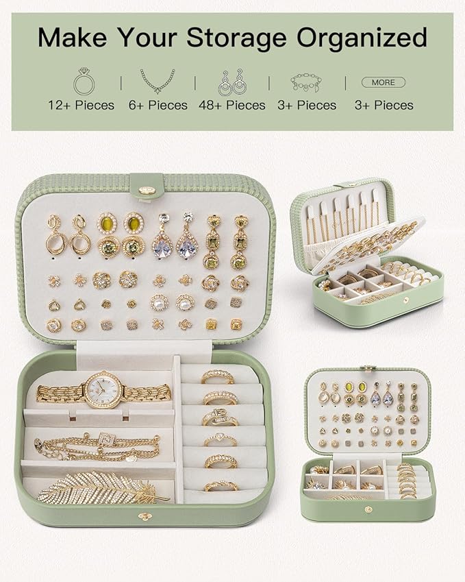 Vlando Travel Jewelry Case, PU Leather Travel Jewelry Box with Earring Holder, Portable Display Small Jewelry Box for Mothers Day Women Girls Gift - Green