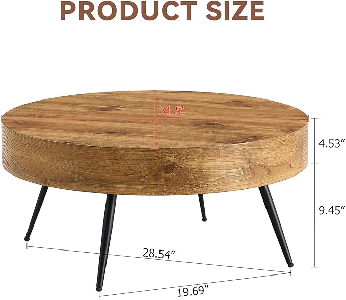 31.5'' Round Coffee Table for Living Room, Wood Texture Table Top, Black Metal Table Legs Tea Table for Dining Room Apartment Small Space (Brown)