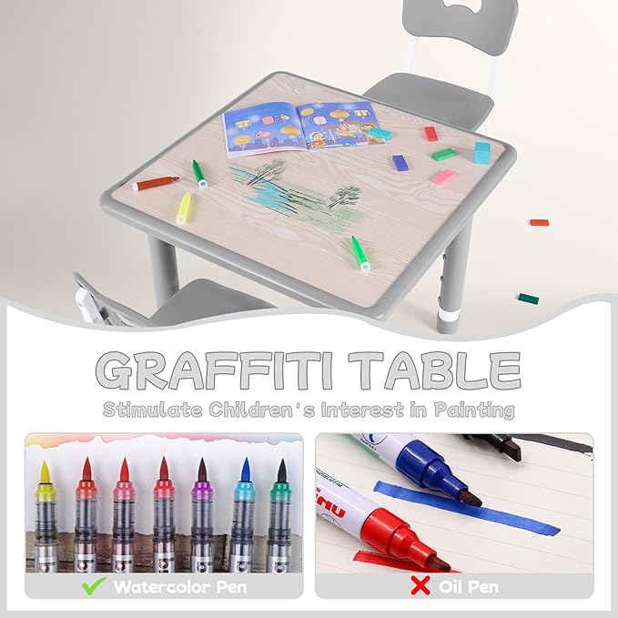 Toddler Table and Chair Set, Height Adjustable-Upgrade Kids Table and 2 Chairs for Ages 3-8, Multi-Activity Toddler Play Table with Graffiti Desktop for Home/Daycare/Classroom