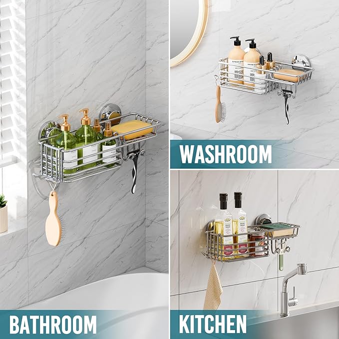 TAILI Shower Caddy Suction Cup with Hooks & Soap Holder, Heavy Duty Bathroom Shower Organizers, Removable Shower Shelves for Inside Bathroom,Stainless Steel Silver Basket