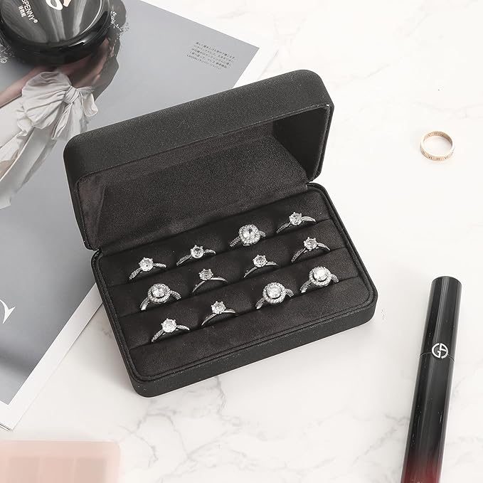 Ring Storage Boxes for Multiple Rings, Compact and Stylish Travel Jewelry case, Portable Small jewelry Organizer Box Tray Gift for Women, Girl(Black)