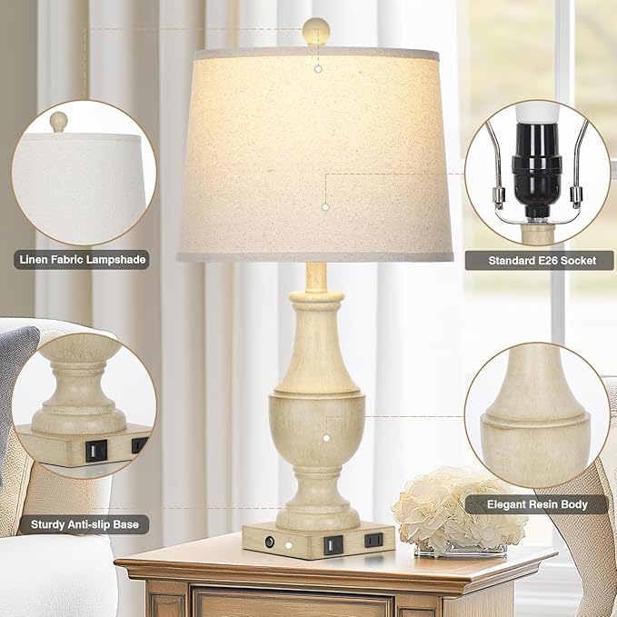Farmhouse Lamps Set of 2, Vintage Rustic 3-Way Dimmable Touch Control Table Lamp with USB A+C Charging Ports & AC Outlet, Retro Resin Bedside Lamp Linen Shade for Bedroom Office Antique White