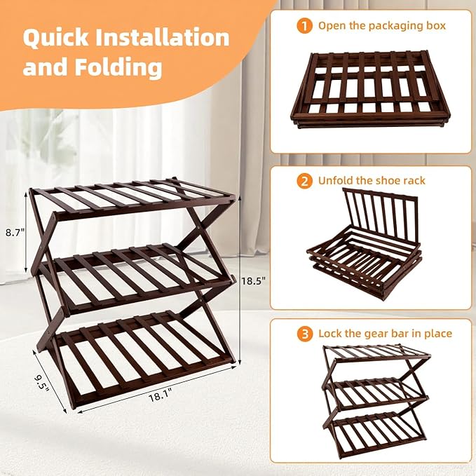 3-Tier Bamboo Shoe Rack, Foldable Shoe Storage Organizer for Closet, Bedroom, Entryway & Living Room - Portable No-Assembly Design, Space-Saving for Shoes & Accessories(3 Tier) (Dark Brown)