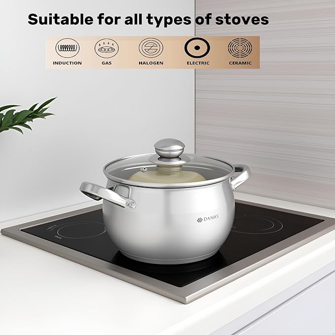 Daniks Classic Stainless Steel Stock Pot with Glass Lid – Induction 3 Quart, Dishwasher Safe, Measuring Scale, For Soup, Pasta, Stew, Silver