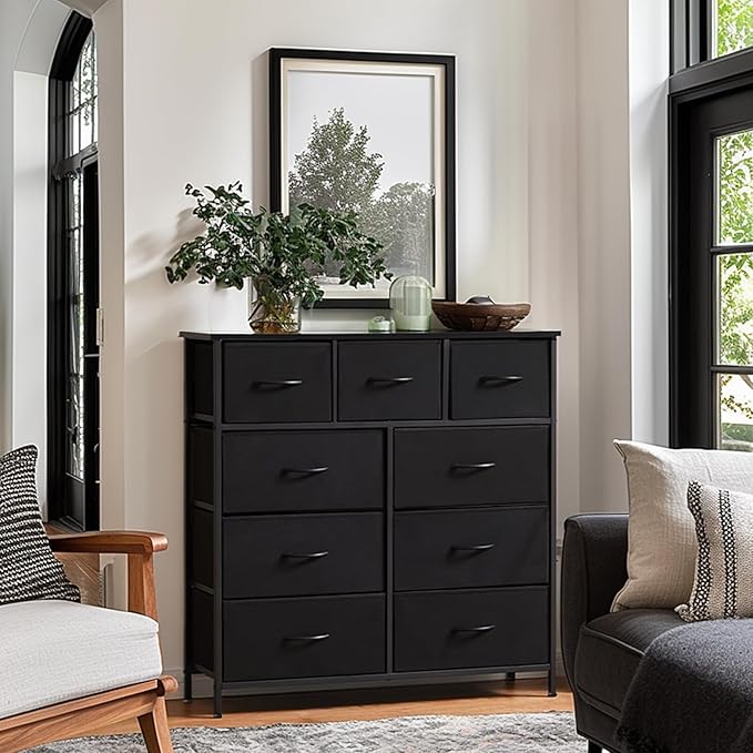 Sweetcrispy Dresser with 9 Drawers for Bedroom, Fabric Dresser Storage Tower, Chest of Drawers Organizer Unit, Storage Cabinet for Hallway, Closets, Steel Frame, Wood Top