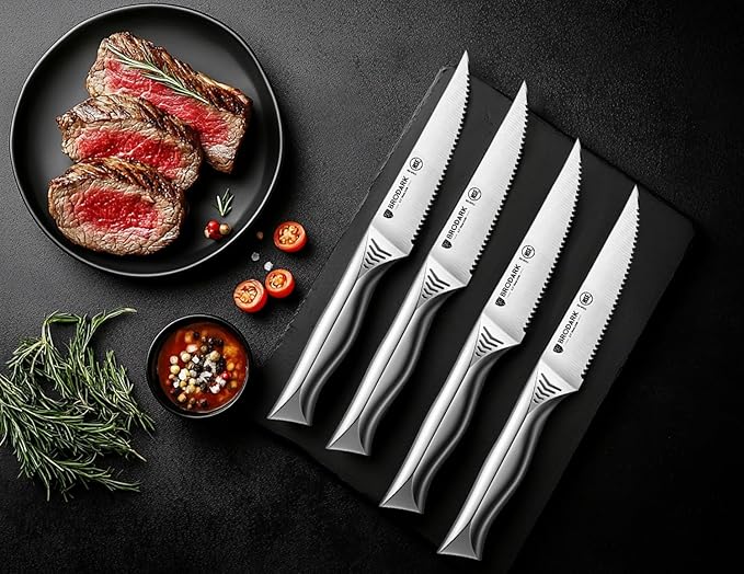 BRODARK Steak Knives Set of 4: 4.5 Inch Serrated Steak Knives - High Carbon Stainless Steel Kitchen Steak Knife Set - Never Need Sharpening - NSF Certified, Shark Series