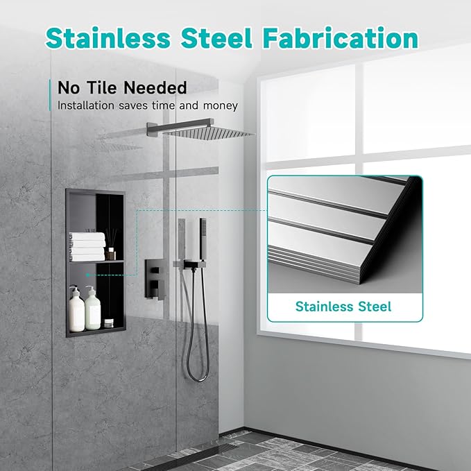 12" X 24" Stainless Steel Shower Niche with Partition, Black Double Shelves Recessed Shower Niche No Tile Needed for Bathroom/Bedroom Storage Over Mount Installation