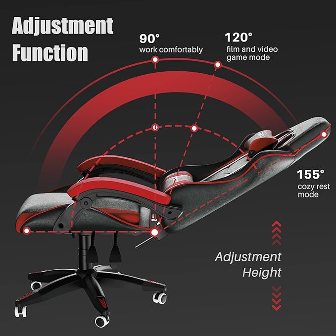 Gaming Chair High Back, Ergonomic Computer Gamer Chair with Headrest and Lumbar Support, Racing Style Reclining Game Chair for Adults, Kids (Red-Black)