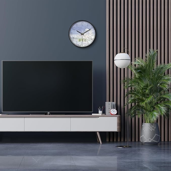 Digital Wall Clock Battery Operated with Day and Date Temperature Blue White Wave Calendar Clock with Large Display Silent for Room Bathroom Bedroom Living Room Farmhouse Decor 14 Inch