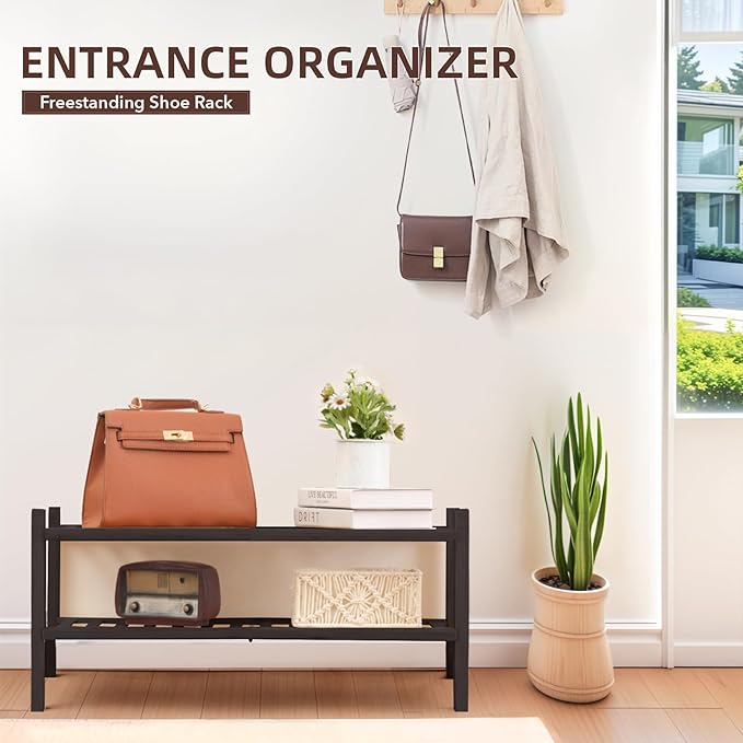 2 Tier Bamboo Shoe Rack Storage Organizer for Closet, Multifunctional Stackable Free Standing Shoe Shelf Organizer for Small Space,Entryway, Hallway, Bathroom27 x11 x13 (Brown, 2 Tier)