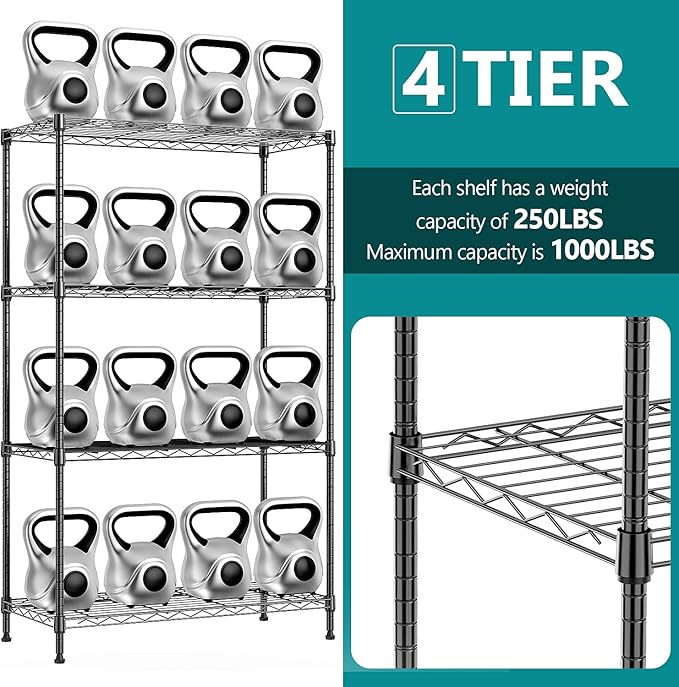 IZEUK 4-Tier Heavy Duty Steel Storage Shelves, Metal Shelf Wire Shelving Rack for Pantry, Kitchen, Garage, or Office Organization (29.5" W x 13.7" D x 47.2" H, 1000LBS, Black)