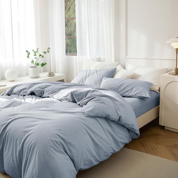 JIYUAN 100% Washed Cotton Duvet Cover Set 3 Pieces Super Queen, 1 Duvet Cover 90x98 Inches(Comforter Not Included) and 2 Pillowcases,Linen Feel Bedding Set Comfy and Breathable, Heathered Light Blue