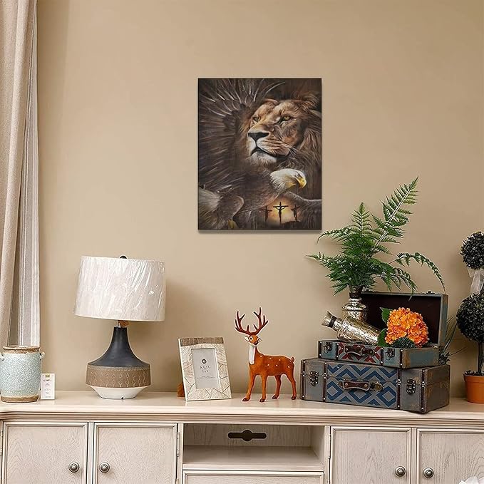 Lion Eagle Wall Art - Christian Lion Of Judah Canvas Prints - Masculine Modern Home Decor For Men - Living Room, Bedroom, Bathroom - Framed 16"x20"
