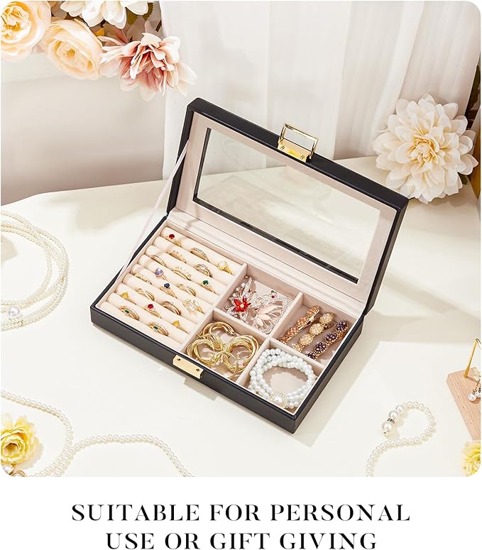 Homde Jewelry Tray Stackable Jewelry Box with Glass Lid, Removable Dividers for Vanity Table Gift Idea for Girls and Women (Black)