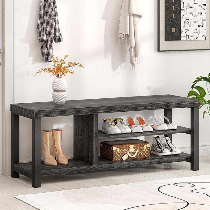 FOLUBAN Entryway Bench, Rustic Wood Shoe Storage Bench for Hallway Front Door Entrance, Industrial Indoor Bench for Bedroom Living Room, Dark Gray, 43.3 Inch