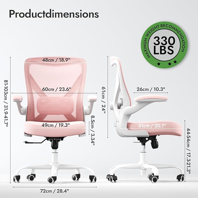 Ergonomic Office Chair: Mesh Desk Chair with Adjustable Lumbar Support 330lbs High Back Computer Gaming Chair - Work Chairs with Flip-Up Arms for Long Hours-Adults Home Office (Pink)