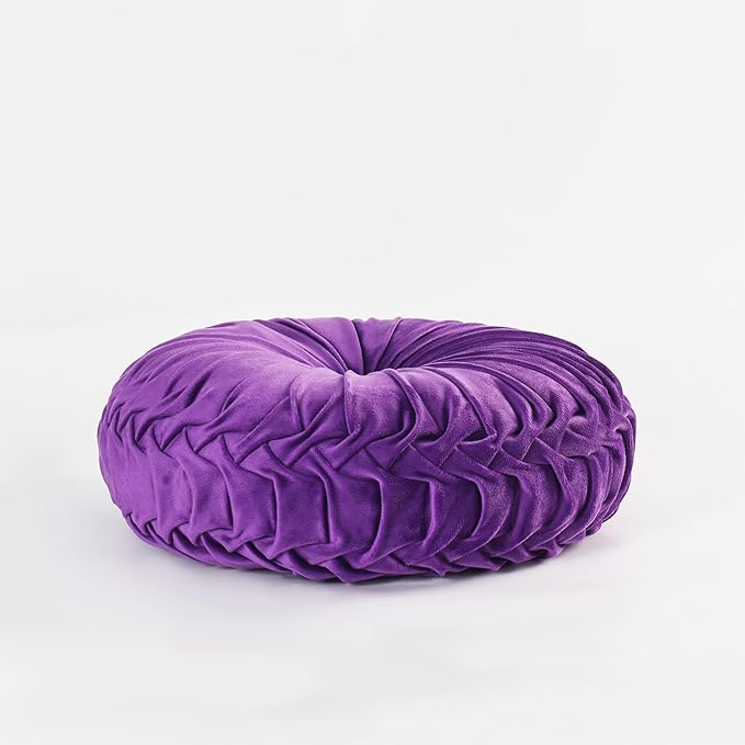 HIG Set of 2 Decorative Round Pleated Throw Pillows, Classy Accent Pumpkin Throw Pillows with Center Button, Vintage Velvet Floor Pillows for Sofa Vanity Chair Bed, Purple, 14.5" Diameter(Ripple)