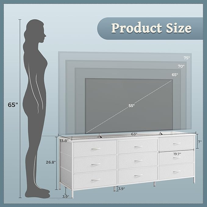 Huuger 63 Inch Dresser for Bedroom, Dresser for Closet with 9 Drawers, Large TV Stand for 55, 65, 70 Inch TV, Entertainment Center with Storage, Wide Long Chest of Drawers, White